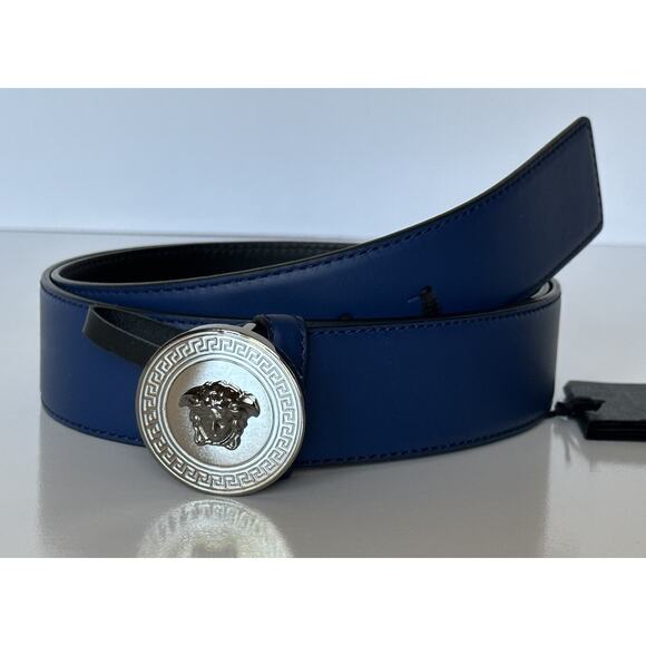 Versace Silver Medusa-Buckle Blue Leather Belt 90 (36) Italy 1006276 NIB $600 - Picture 1 of 10
